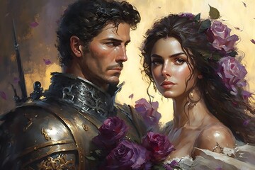a beautiful Spanish princess and a handsome Italian very masculine with brown eyes stunning composition flirty pose wearing a half luxury armor stunning palace background with red roses very windy  - obrazy, fototapety, plakaty