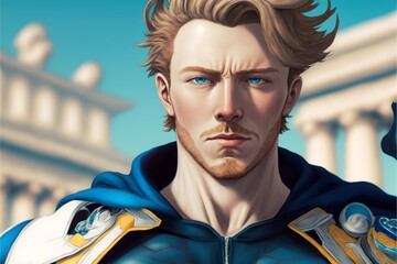 male anime character dark blonde majestic hero that can travel between realities surrounded by a beautiful world strong man light blue and yellow outfit sky backgroud Upscale Unreal Engine 5  - obrazy, fototapety, plakaty
