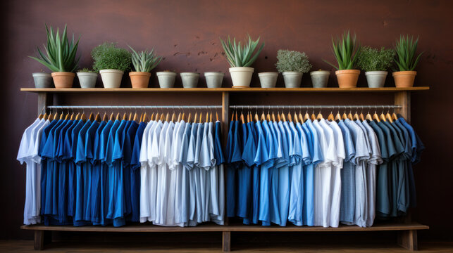 Colorful t-shirts and polo shirts. Preparation for the spring season. Shopping. Close-up. Selective focus. Clothing concept.