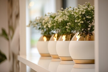 Obraz na płótnie Canvas A row of elegant white vases filled with vibrant flowers