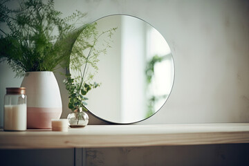 A round mirror on a wooden table