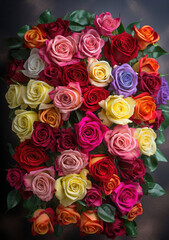 A vibrant bouquet of roses against a dramatic black backdrop