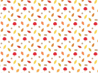 きのこと落ち葉とどんぐりのカラフルでかわいいシームレスパターン背景