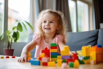Photo of Little smiling girl at home play with colorful blocks day light.