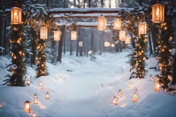 Fototapeta premium Christmas wedding backdrop photography background winter ceremony maternity shoot wedding overlay snow background forest wedding photo props