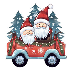 Cute Christmas Gnomes In Truck Clipart Illustration