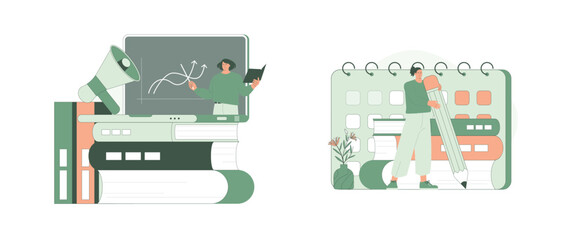 Teacher Remote Instruction, Customized Learning Plans. Flat Cartoon Vector Illustration.