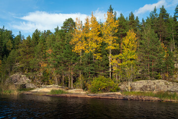 Lake Ladoga near the village Lumivaara on a sunny autumn day, Ladoga skerries, Lakhdenpokhya, Republic of Karelia, Russia