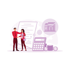 Broker shakes hand with client. The buyer signs the loan contract paper. Mortgage process concept. Trend Modern vector flat illustration