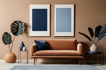 Blue sofa and terra cotta lounge chair against wall with two art posters and tropical plants. Minimalist home interior design in beige style