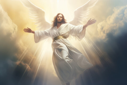 Jesus Christ with Wings Descending from the Clouds, Generative AI