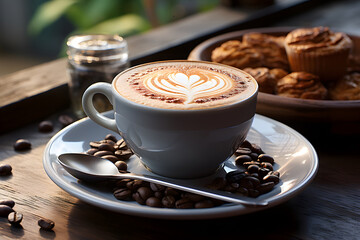 Black coffee in white cup with smoke and coffee beans