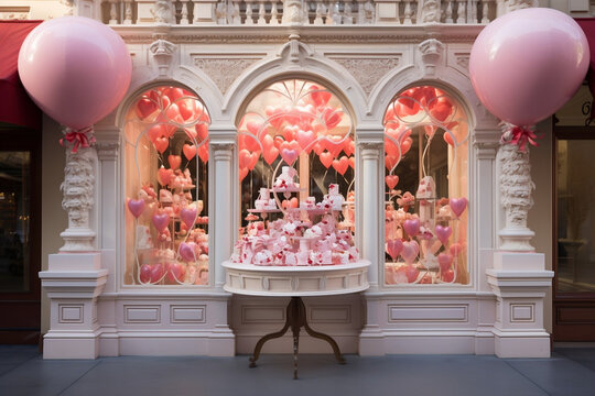 Romantic Valentine's Day storefront display with delightful pink hearts
