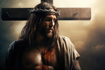 Crucifixion of Jesus Christ on Cross with Thorns, Generative AI - obrazy, fototapety, plakaty