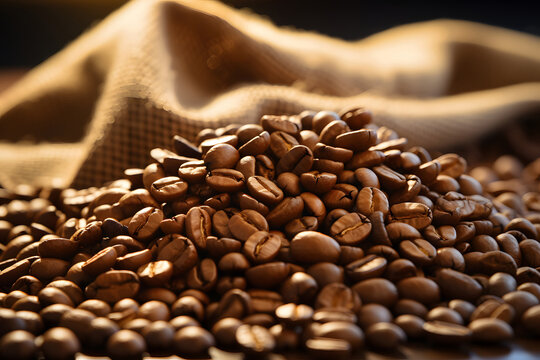 Cup of coffee and coffee beans in a sack, stock coffee