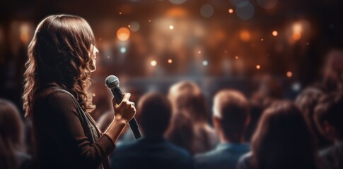 Female speaker and singer in the big stadium on the stage