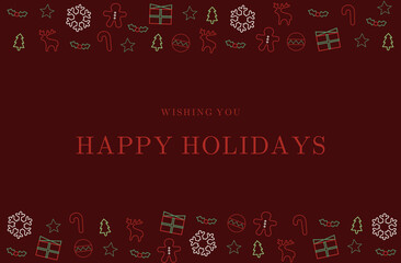 Red and green horizontal outline holiday greeting card with Christmas element pattern frame on top and bottom.