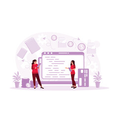 Two businesswomen take notes in a book or message and make online payments using credit cards. Internet Banking concept. Trend Modern vector flat illustration