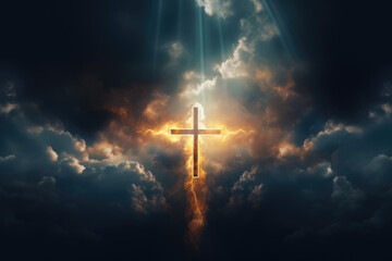 Cross Illuminated in Dark Sky with Clouds, God, Religion, Generative AI - obrazy, fototapety, plakaty