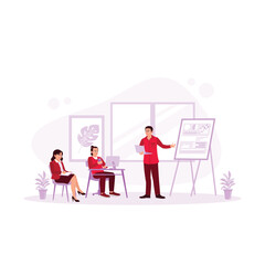 Business people meeting in the office. The manager presents graphs, data, and statistics on board. Brainstorming concept. Trend Modern vector flat illustration