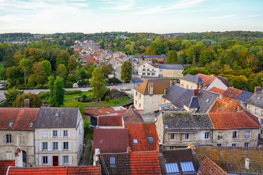 Aerial view of the rural town of La Ferté-Milon in Aisne, Picardie, France, with medieval houses and old tiled roofs