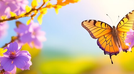 Macro of beautiful butterfly flying near spring leaves in fall season at sunrise on light background. Banner