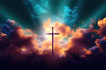 Naklejka premium Cross Illuminated in Colorful Sky with Clouds, God, Religion, Generative AI