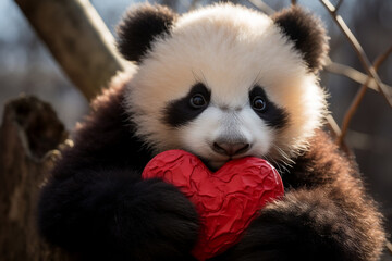 Naklejka premium Panda Love, Adorable cub embracing a heart on Valentine's Day with vibrant HDR filter
