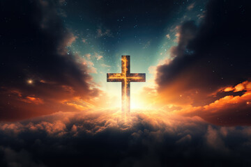 Fototapeta na wymiar Cross Illuminated in Dark Sky with Clouds, God, Religion, Generative AI