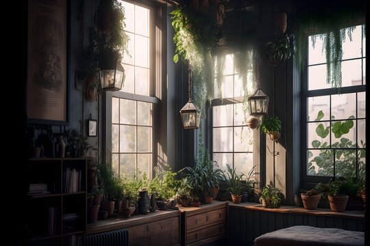 a room with a large bay window a wall where wooden boxes filled with green plants are hung green plants suspended by ropes from the ceiling natural lighting shot on Canon EF 85mm f11 USM Prime Lens 