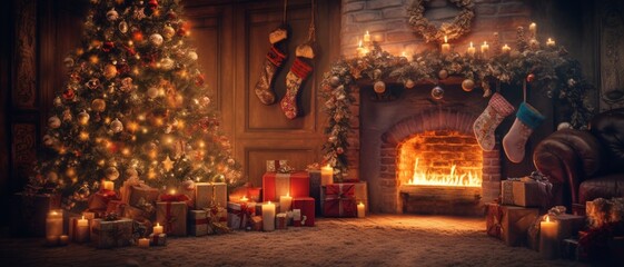 Christmas tree with presents and toys against a burning fireplace. Santa Claus' throne is in a magical room