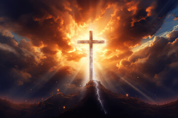 Cross Illuminated in Colorful Sky with Clouds, God, Religion, Generative AI