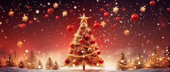 Christmas Tree with Stars and Decorations. Winter Background in Red