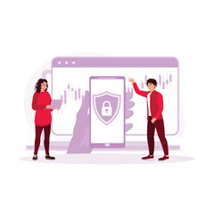 Symbol of hand-holding mobile phone with padlock icon on laptop screen background. Data Protection concept. Trend Modern vector flat illustration