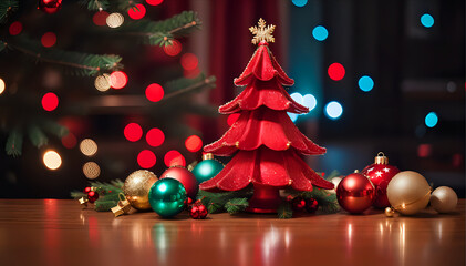 Fototapeta na wymiar Christmas background with blue and gold spheres of different sizes, a mini red Christmas tree with a star 