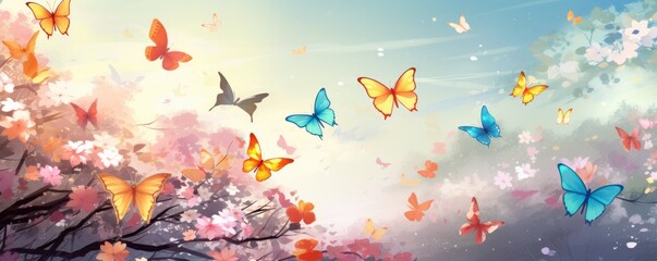 Anime-style illustration of butterflies flying in the air - obrazy, fototapety, plakaty