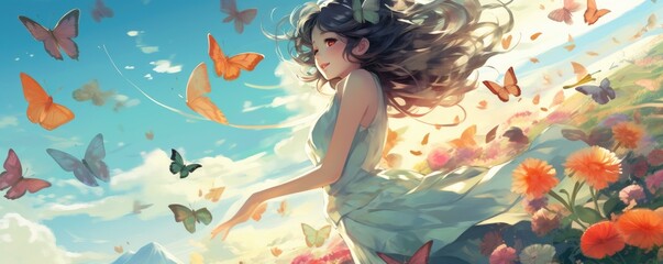 Anime illustration of a girl surrounded by butterflies in a meadow