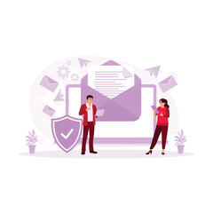 Businessmen and women protect email data via laptops and cell phones. Email Encryption concept. Trend Modern vector flat illustration