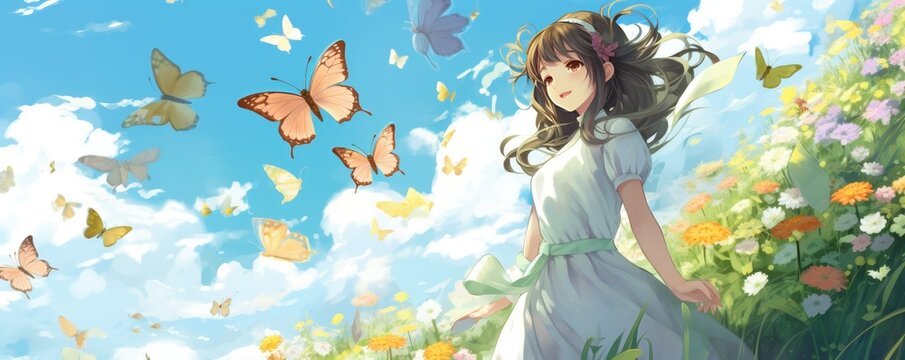 Anime illustration of a girl surrounded by butterflies in a meadow