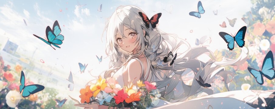 Anime Illustration Of A Girl With White Hair Surrounded By Butterflies