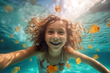 Happy young beautiful girl swimming underwater and having fun - obrazy, fototapety, plakaty