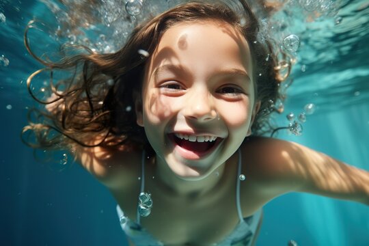 Happy young beautiful girl swimming underwater and having fun