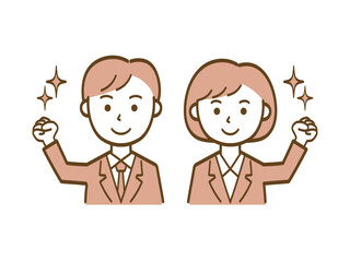 ガッツポーズでやる気満々のビジネスパーソン_男性会社員と女性会社員セット