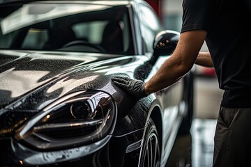 Car detailing series : Worker polishing a car in auto service