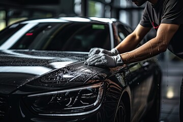 Car detailing series : Worker polishing a car in auto service