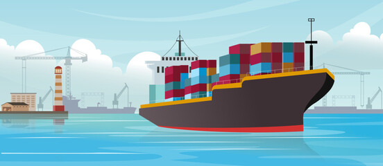 container ship in sea port vector illustration, industrial logistic and transportation, export and import business port, cargo freight ship, light house - obrazy, fototapety, plakaty