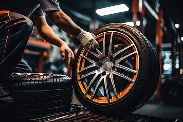 Close-up of mechanic changing wheel of car in auto repair shop - obrazy, fototapety, plakaty