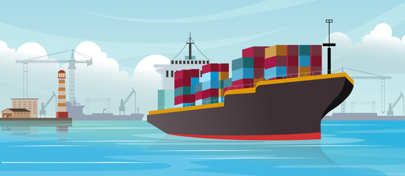 container ship in sea port vector illustration, industrial logistic and transportation, export and import business port, cargo freight ship, light house
