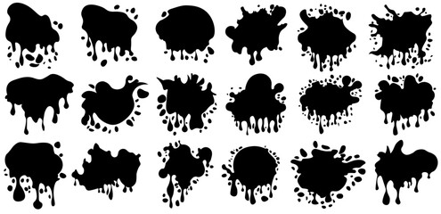 Abstract artistic ink splatter paint splatter, drops, dots, wet dye prints. Big set of black watercolor paint brush texture. Grunge water, spray drop spatter, blot splatters, silhouettes. Vector