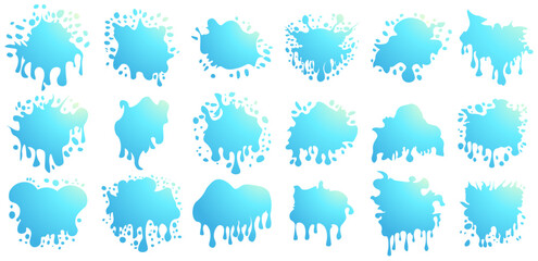 Abstract artistic ink splatter paint splatter, drops, dots, wet dye prints. Watercolor paint brush texture. Grunge water, spray drop spatter, dirty blot splatters, silhouettes. Vector illustration